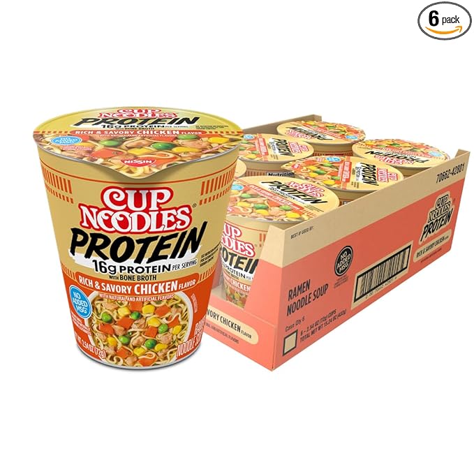 Nissin Cup Noodles Protein Ramen, Chicken Flavor with Bone Broth, 16g Protein, 2.54 Ounce Cup (Pack
