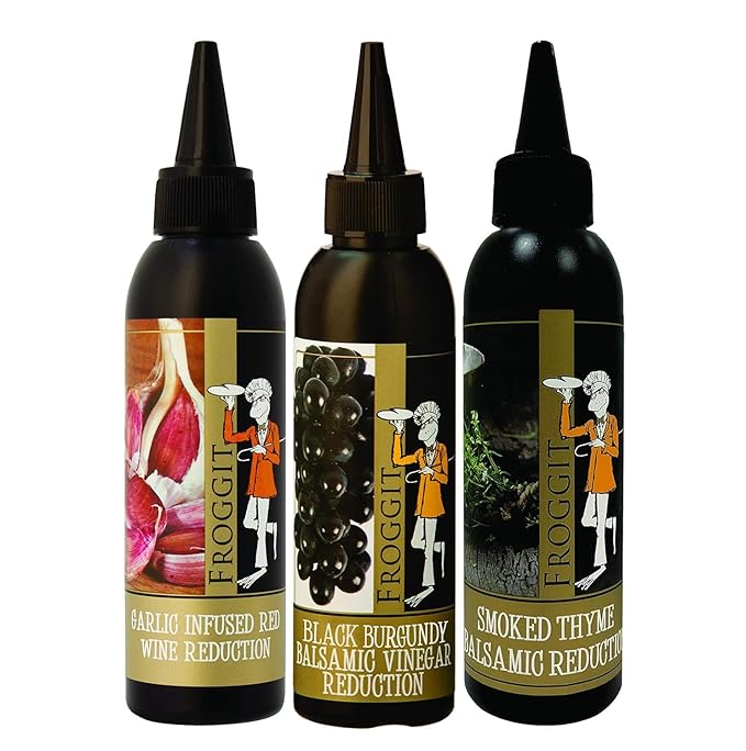 Froggit 3-Piece Garlic Infused Red Wine Vinegar, Burgundy Bliss Balsamic Reduction, Smoked Thyme