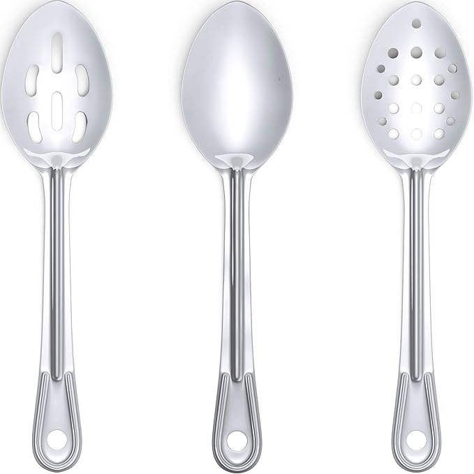 Super Strong, Ergonomic 11 in Serving Spoon 6 Pk (2 of Each Style). Big, Stainless Steel Spoons for