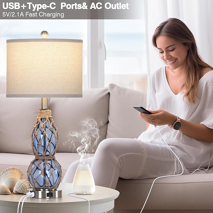 26" Coastal Glass Table Lamps Set of 2, 3-Way Dimmable Touch Lamps with USB Ports and AC Outlet
