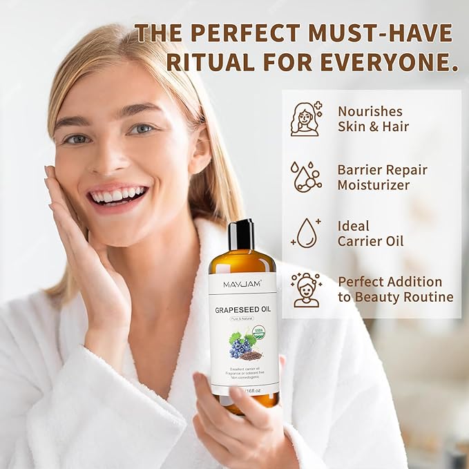Organic Grapeseed Oil for Skin & Hair 16 oz, USDA Certified 100% Pure & Natural Grape Seed Oils