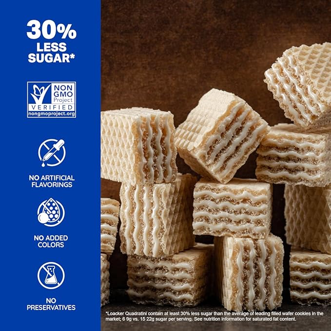 Loacker Quadratini Coconut Wafer Cookies LARGE - 30% Less Sugar - Premium Crispy Bite Size Wafers