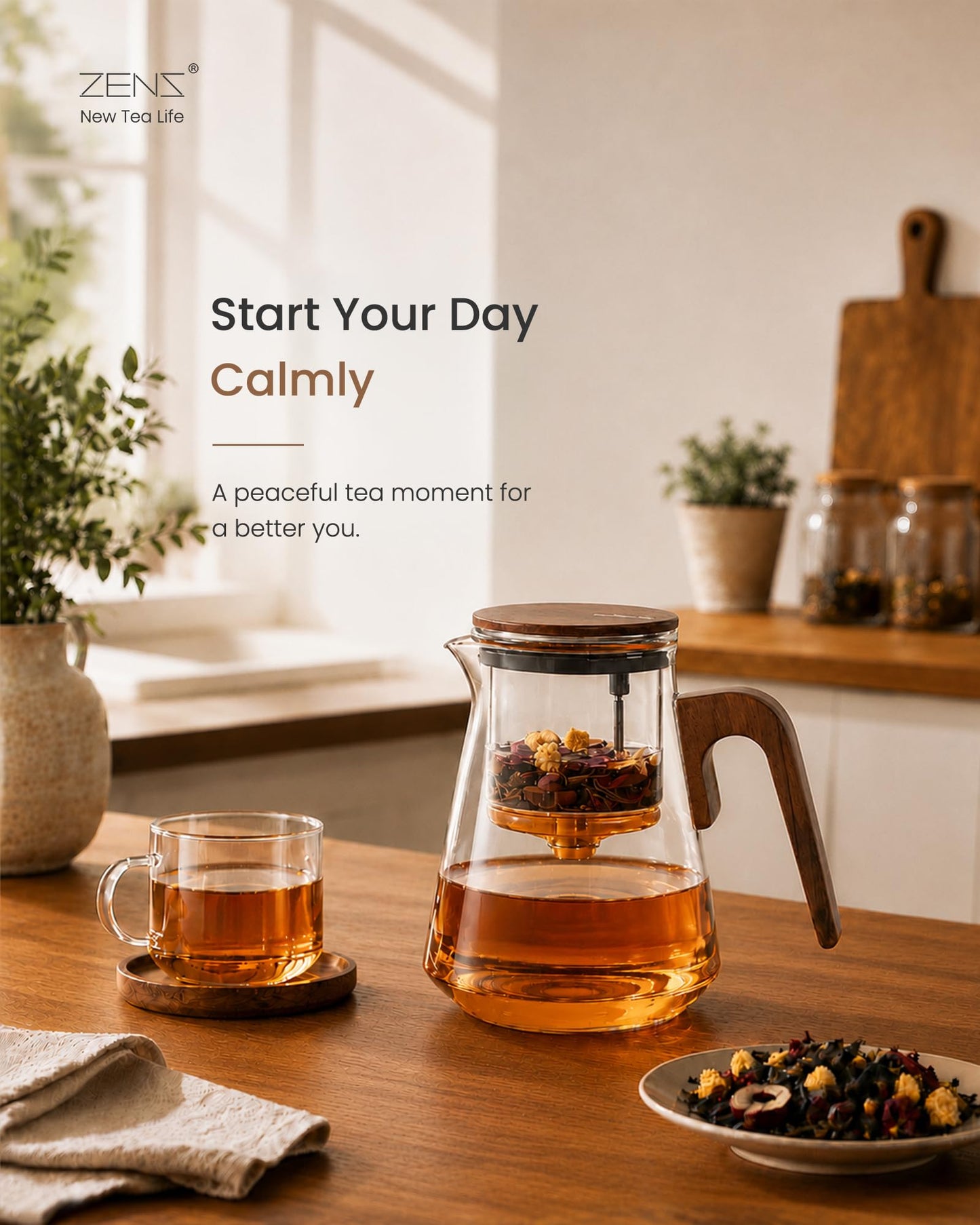 ZENS Magnetic Glass Infuser Teapot for Loose Tea, 27oz Walnut Wood Handle