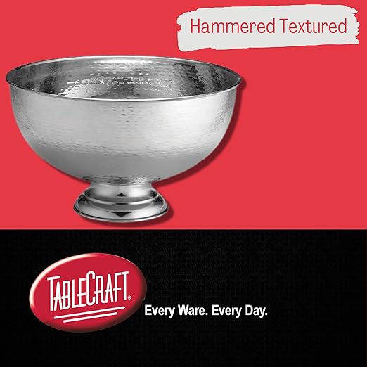 TableCraft RPB1513 Hammered Pedestal Punch Bowl, Large Silver Stainless Steel, 54 Cup Capacity, 3.4