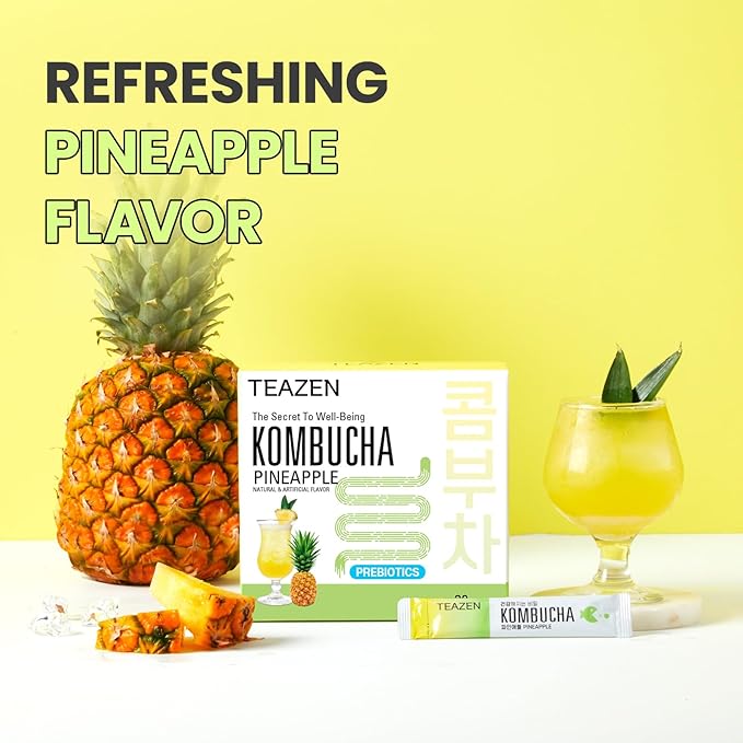 TEAZEN Pineapple Kombucha Tea, Hydration Drink Mix, Sugar Free, Live Probiotics & Prebiotics, 30