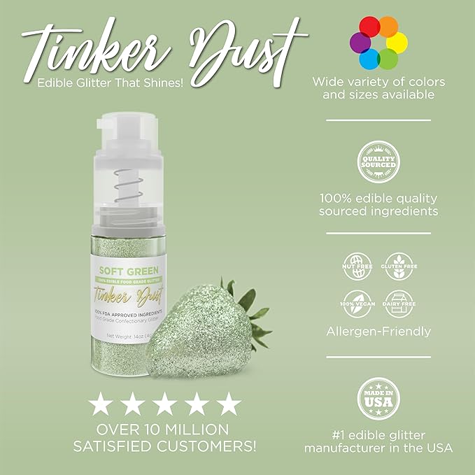 Bakell - Soft Green Tinker Dust (4g, 1x Mini Spray Pump) Edible Glitter for Food, Desserts, and