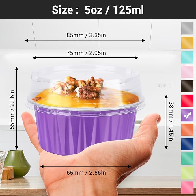 EUSOAR Baking Cups Aluminum Foil, 5oz 50pcs Reusable Cupcake Cups with Lids, 3.34"x2.59"x2.35"