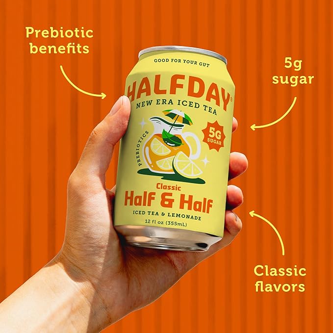 HALFDAY Prebiotic Half & Half Iced Tea Cans, Supports Digestive & Gut Health, 6g Plant Fiber &