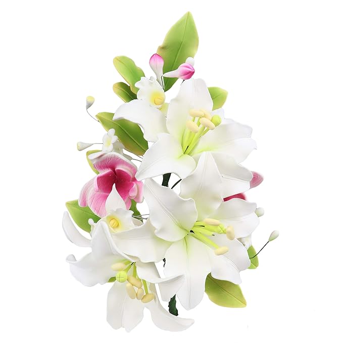 O'Creme Gumpaste Flower Spray, White Lily - Edible Flowers for Cake Decorating - Sugar Paste Flower