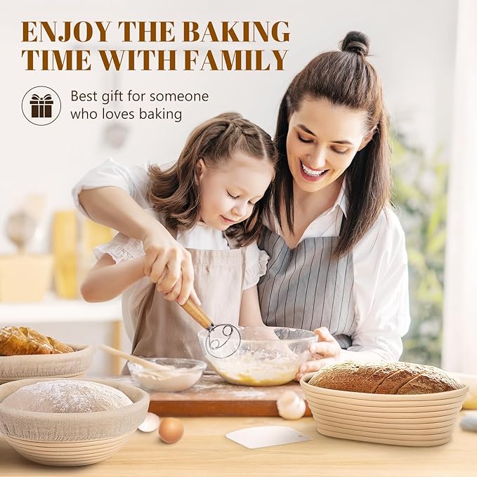 Rorecay Banneton Bread Proofing Baskets Set of 2, 10 Inch Oval Cane Sourdough Bread Rising Basket