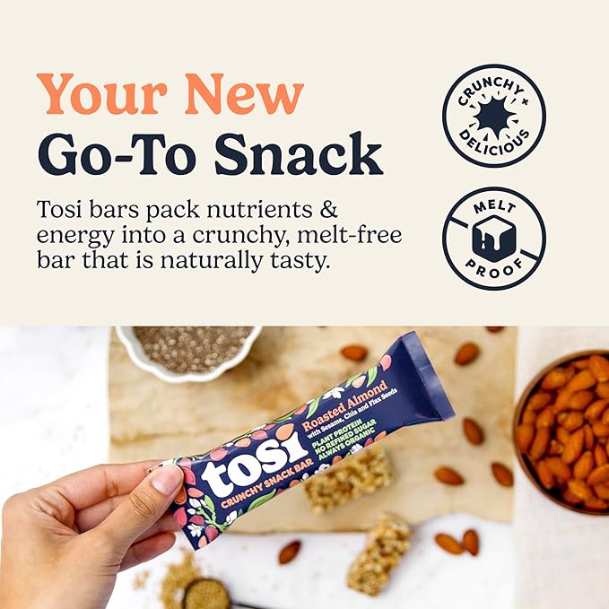Tosi Almond Protein Bars, Plant Based with Nuts, Gluten-Free Crunchy Snacks, Vegan, Organic, Flax &