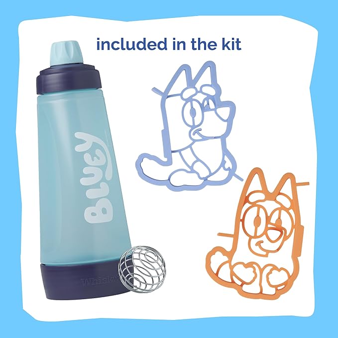 Whiskware Bluey Pancake Art Kit, 1 Batter Bottle, 2 Silicone Bluey and Bingo Pancake Molds, and 1