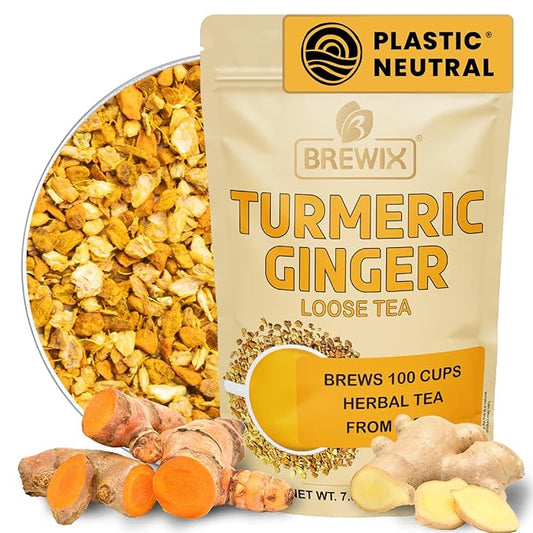BREWIX, Turmeric Ginger Loose Herbal Tea (100+ Cups, 7.05oz/200g) Caffeine & Gluten Free | Ginger