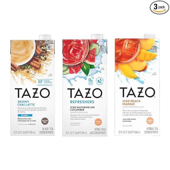 TAZO Tea Concentrate, Organic Skinny Chai Latte, Refreshers Iced Watermelon Cucumber, & Iced Peach