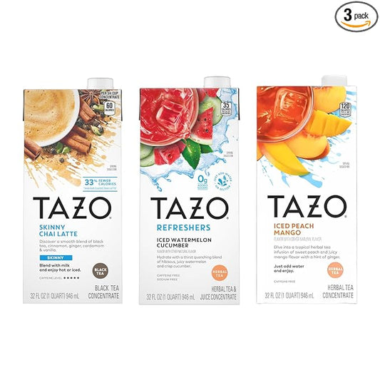 TAZO Tea Concentrate, Organic Skinny Chai Latte, Refreshers Iced Watermelon Cucumber, & Iced Peach