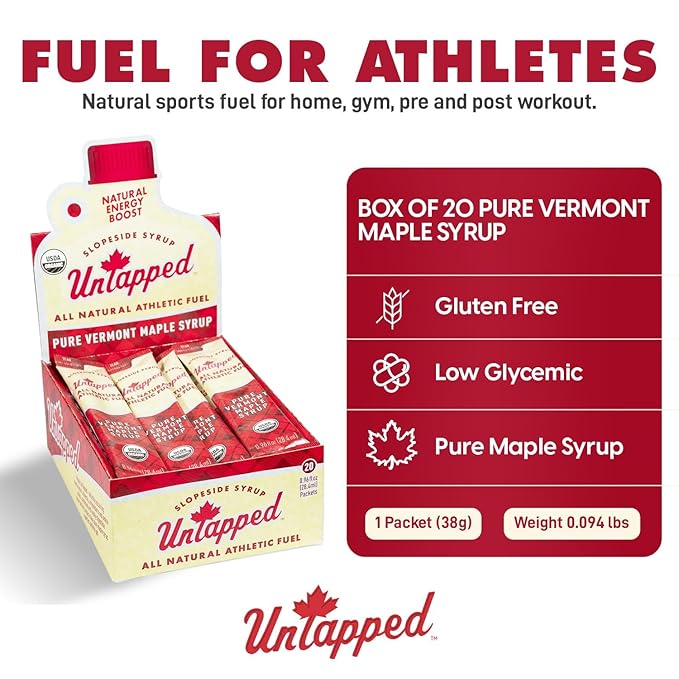 UnTapped Vermont Maple Syrup Packets for Athletes, Box of 20-0.96 Fl Oz | Organic Pure Maple Syrup