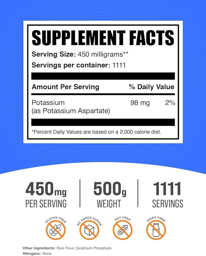 BulkSupplements.com Potassium Aspartate Powder - Mineral Supplement, for Hydration Support - Gluten
