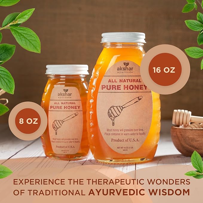 Akshar Ayurveda - 8 Oz Pure Honey - All Natural USA Honey - Smooth & Easy to Pour, Stored in Glass