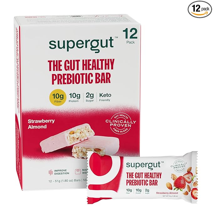Supergut GLP-1 Boosting Prebiotic Bars, Strawberry Almond - Gut Healthy Protein Snacks & Breakfast