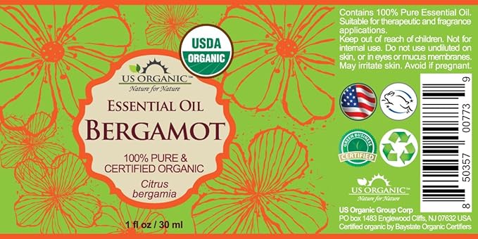 US Organic 100% Pure Bergamot Essential Oil, USDA Certified Organic, Cold Pressed, with Euro