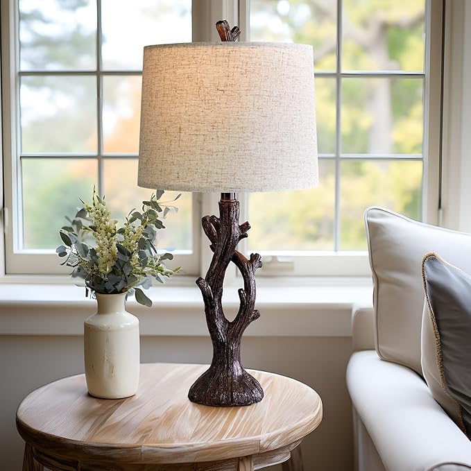 OYEARS 25" Farmhouse Table Lamp Set of 2 for Living Room Bedroom Resin Bedside Tree Lamp Nightstand
