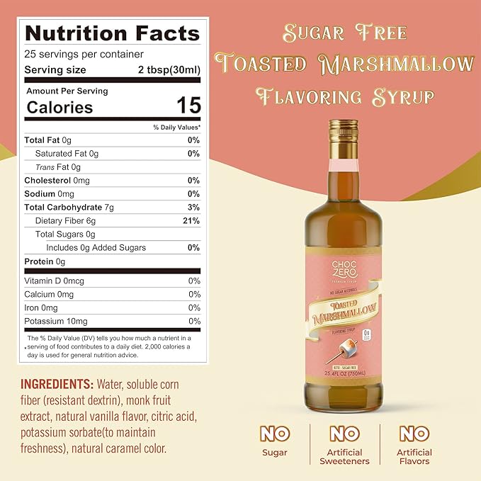ChocZero Sugar Free Coffee Syrup, Toasted Marshmallow Flavor, No Sugar Alcohol Simple Syrup Drink