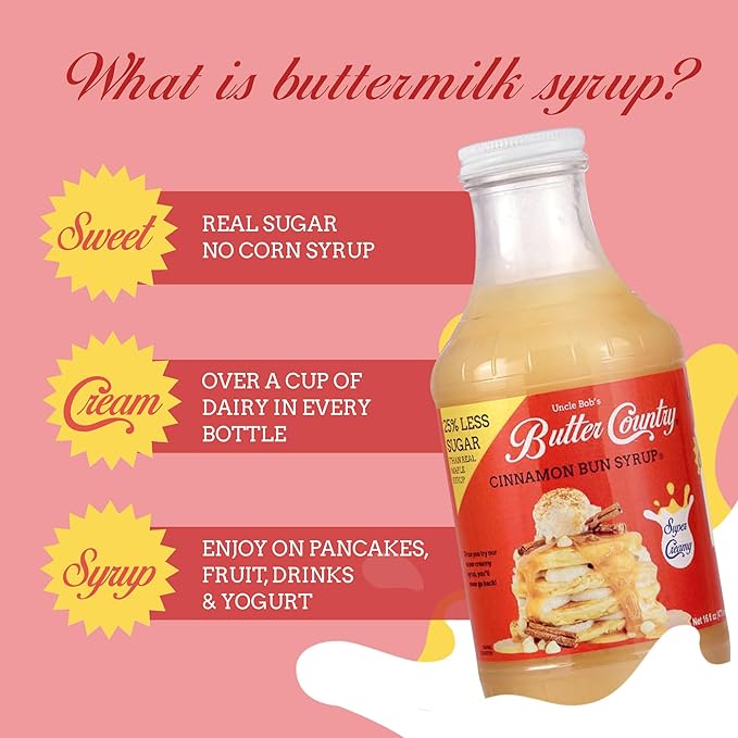 Uncle Bob's Butter Country Rich & Creamy Cinnamon Bun Flavored Buttermilk Syrup for Pancakes