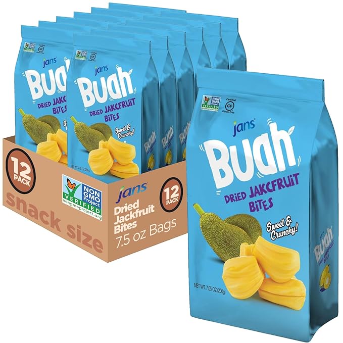 Jans Buah Jackfruit Chips (7.05 Oz Bag, Pack of 12) - Dried Jack Fruit Chips Experience Real Fruit