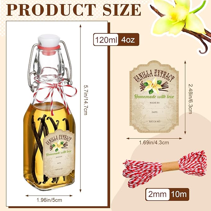 Uiifan 12 pcs 4 oz Swing Top Clear Square Glass Bottles For Vanilla Extract with Caps and Cotton