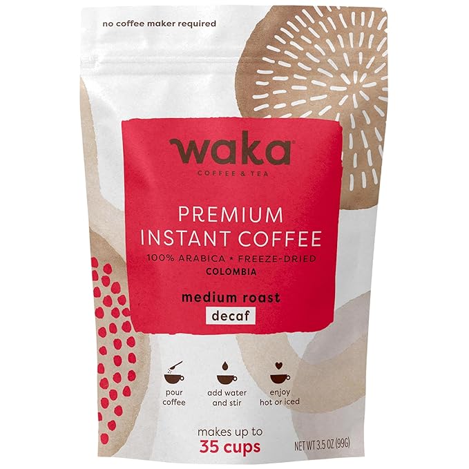 Waka Instant Coffee, Decaffeinated Medium Roast - 100% Arabica Colombian Beans, Freeze Dried