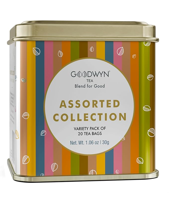 Goodwyn Assorted Herbal Tea Sampler Gift Set Box – 20 Tea Bags (Tulsi, Kahwa, Turmeric, Assam