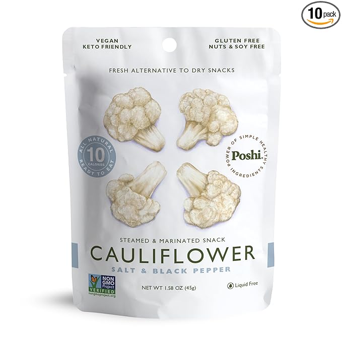 POSHI Marinated Cauliflower Florets Snack Pack | Salt + Pepper | Keto, Vegan, Paleo, Non GMO, Low