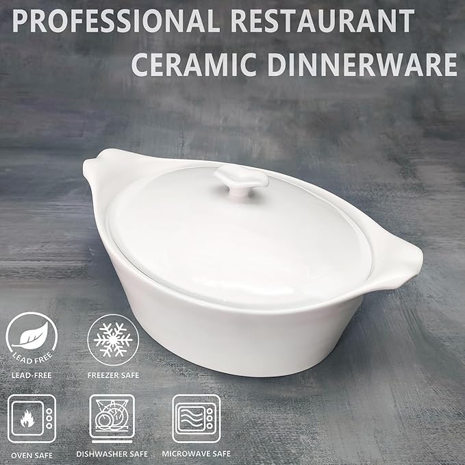 8.7" x 6.7" Ceramic Oval Casserole Dish with Lids,1.6 Qt White French Serving Soup Tureens, Baking