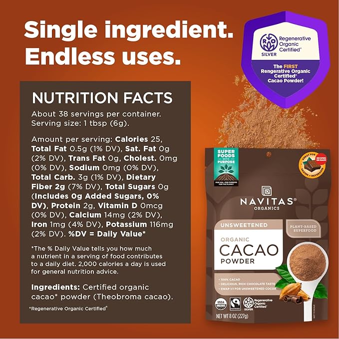Navitas Organics Cacao Powder - Cocoa Powder Substitute 1:1, For Hot Chocolate, Baking & More