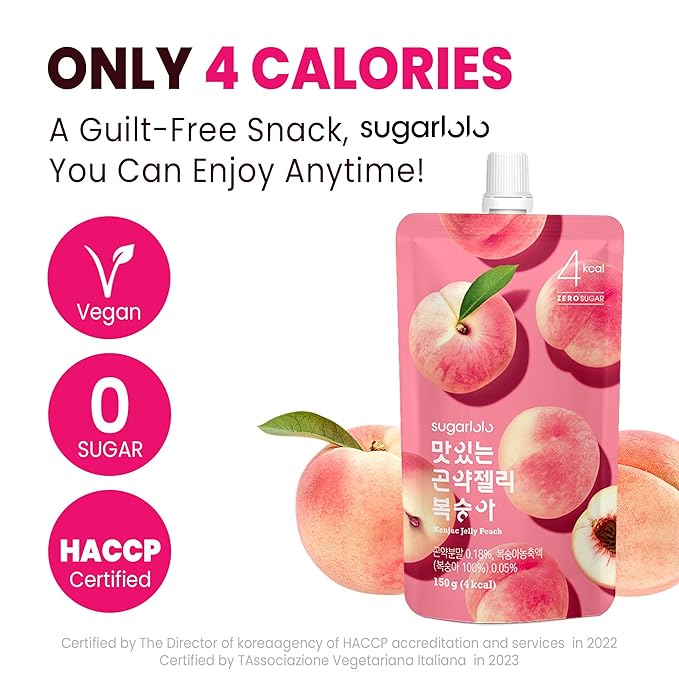 Sugarlolo Konjac Sweet Peach Jelly Snack - Vegan Jello with Zero Sugar | Only 4 Calories per Pouch