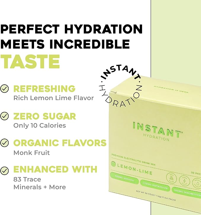 Instant Hydration Electrolytes Powder Packets - Lemon Lime Drink Mix - Zero Sugar - Keto, Vegan