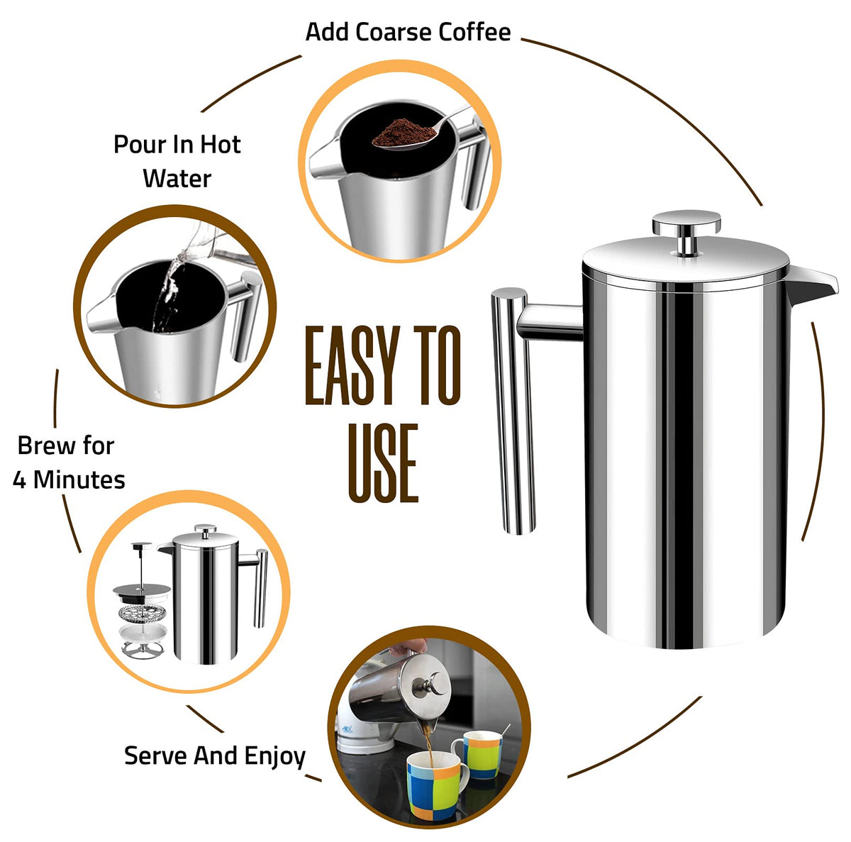 Utopia Kitchen 304 Grade Stainless Steel French Press 34 Oz, Silver