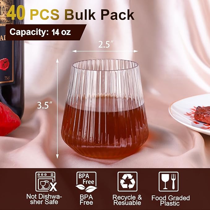 40 Pack Plastic Ribbed Wine Glasses, 14Oz Origami Disposable Wine Glasses Unbreakable Clear Plastic