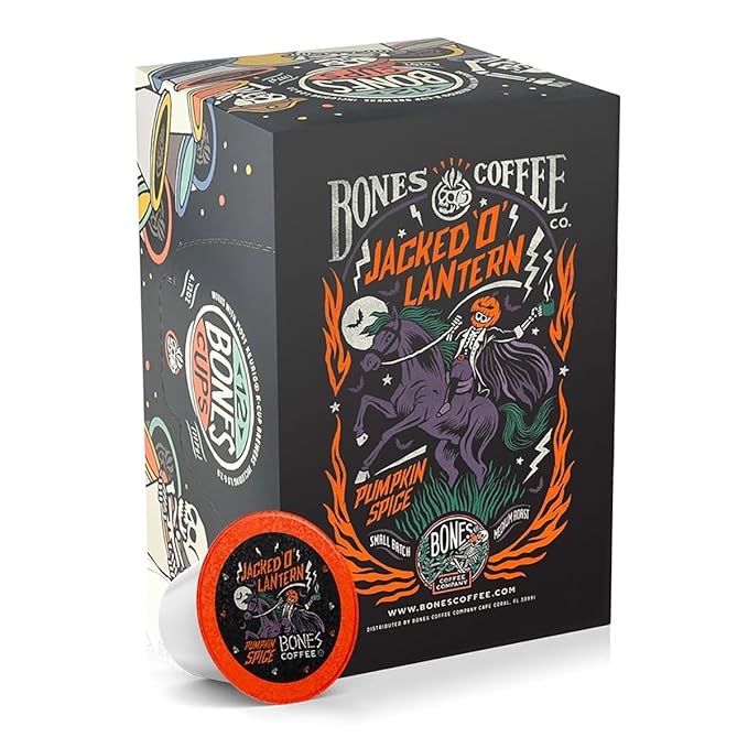Bones Coffee Company Jacked 'O' Lantern, Pumpkin Spice Flavored Coffee Pods, Low Acid Medium Roast