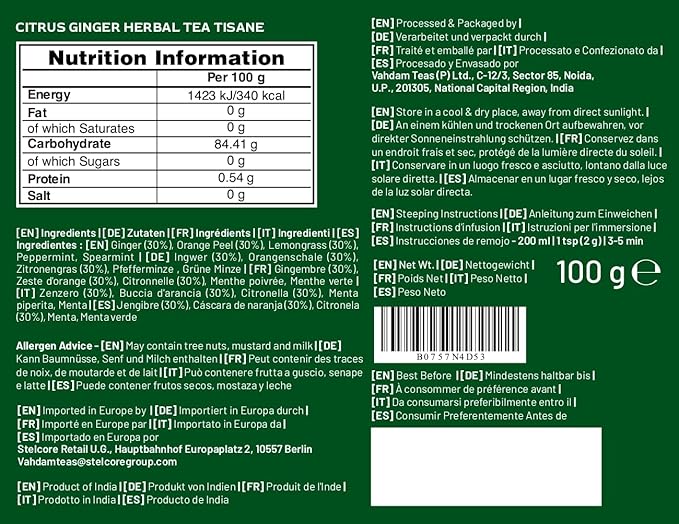 VAHDAM, Citrus Ginger Herbal Tea Tisane (50 Cups, 3.53 oz) Gluten Free, Non GMO | Ginger