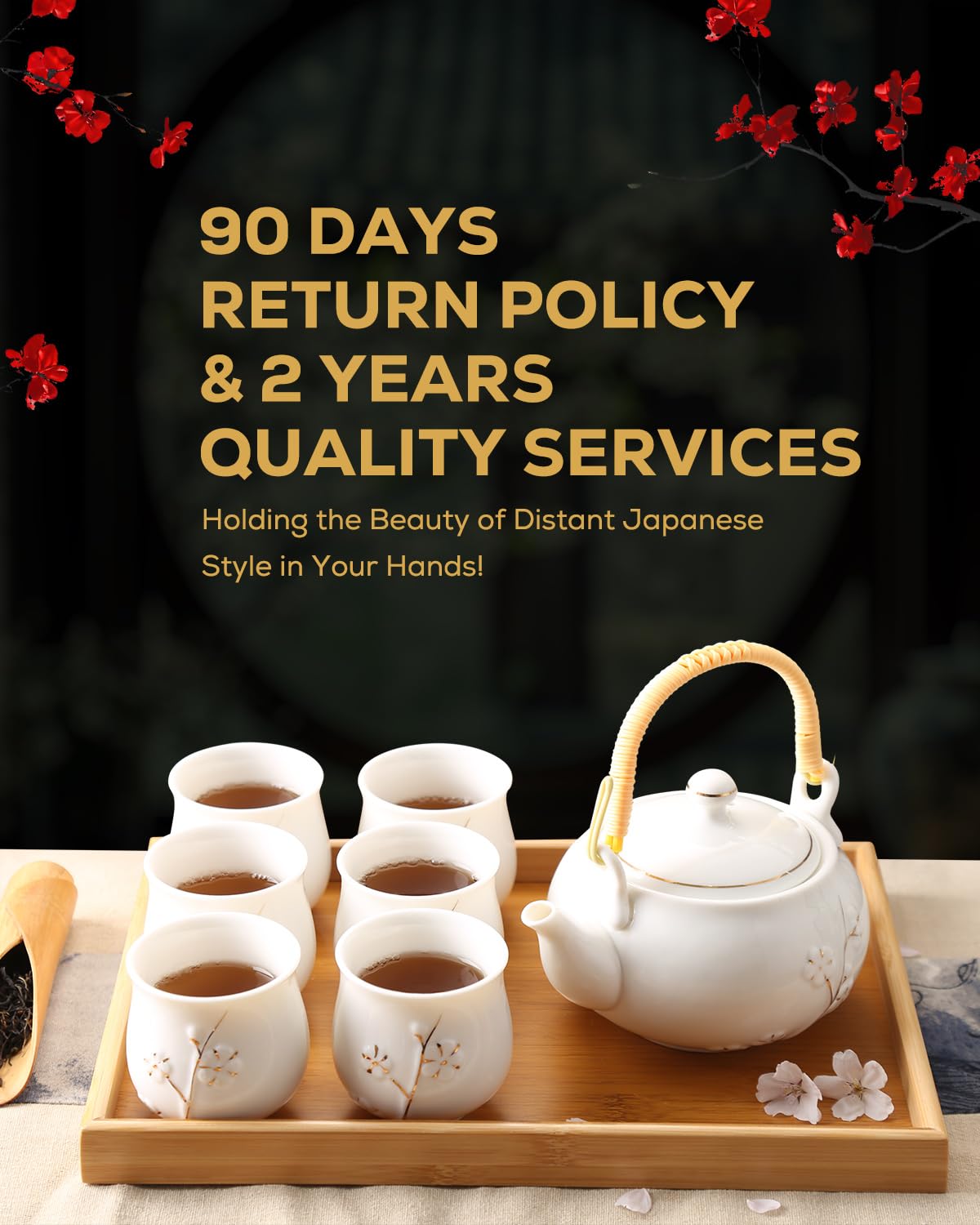 Dujust Japanese White Porcelain Tea Set - Teapot, 6 Tea Cups, Tray & Stainless Infuser - Plum in