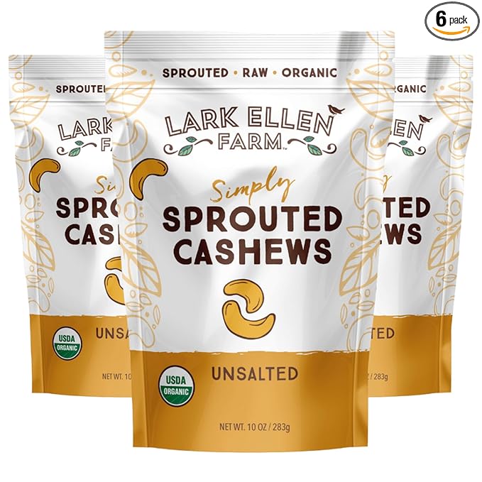 Lark Ellen Farm Unsalted Organic Raw Cashews, Sprouted, Air-Dried, Gluten-Free, Non-GMO, Vegan