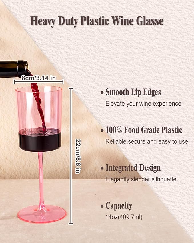 Ciaell 12 Pack Pink Plastic Wine Glasses - 14Oz Plastic Wine Glasses with Stem - Disposable Stemmed