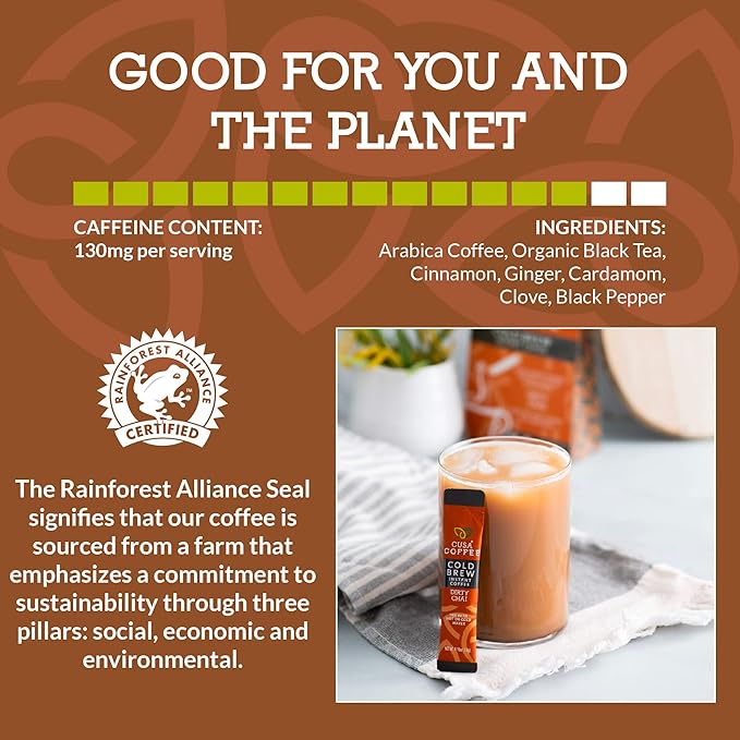 Cusa Tea & Coffee, Dirty Chai Cold Brew. Premium Instant Coffee, Rainforest Alliance Certified