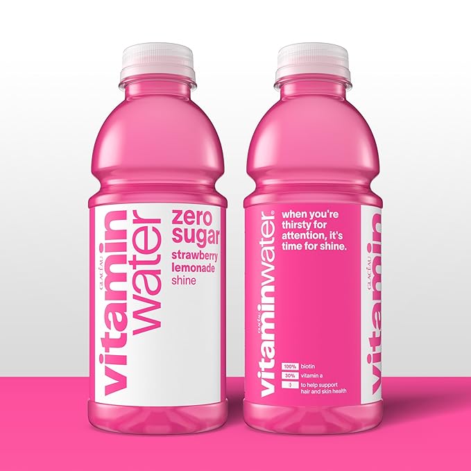 vitaminwater Shine Strawberry Lemonade Zero Sugar, Flavored Water Beverage, 20 fl oz Bottles, 12