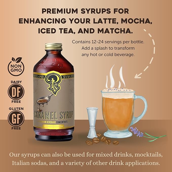 Portland Syrups Caramel Syrup – Flavoring for Coffee, Lattes, Cold Brew, Macchiatos, Cocktails, &