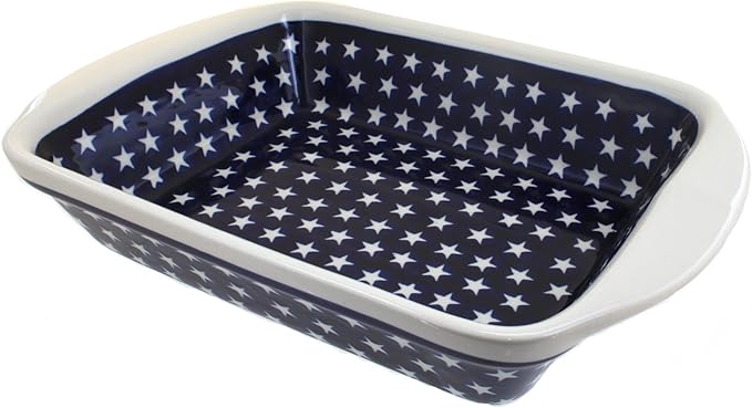 Blue Rose Polish Pottery - Blue Stars Large Rectangular Baker with Handles - 9" x 6.5" - Unique