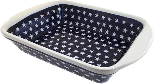 Blue Rose Polish Pottery - Blue Stars Large Rectangular Baker with Handles - 9" x 6.5" - Unique