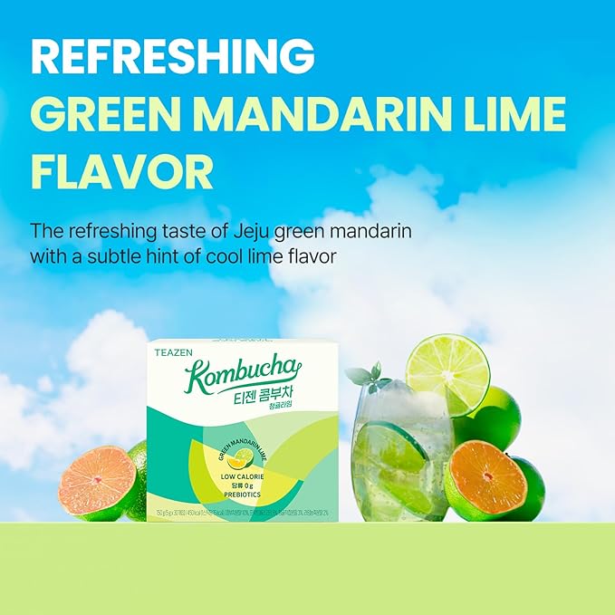 TEAZEN Green Mandarin Lime Kombucha Tea, Hydration Drink Mix, Sugar Free, Live Probiotics &