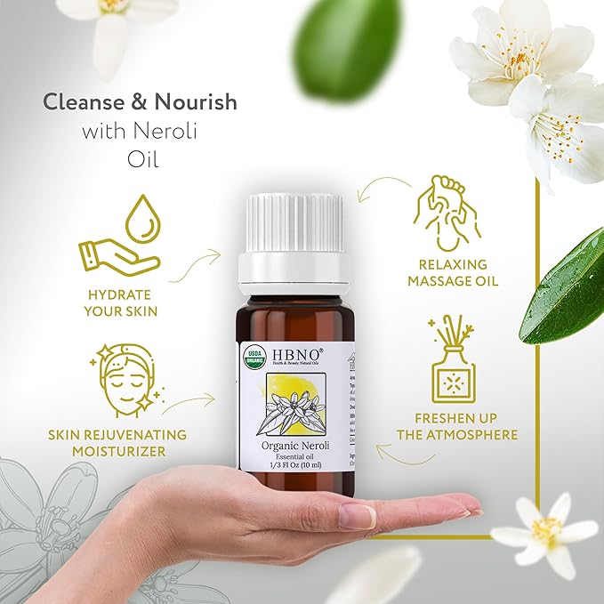 HBNO Organic Neroli Essential Oil- 1/3 oz (10ml) Size - Ideal for Diffusers, Cleaning Agents